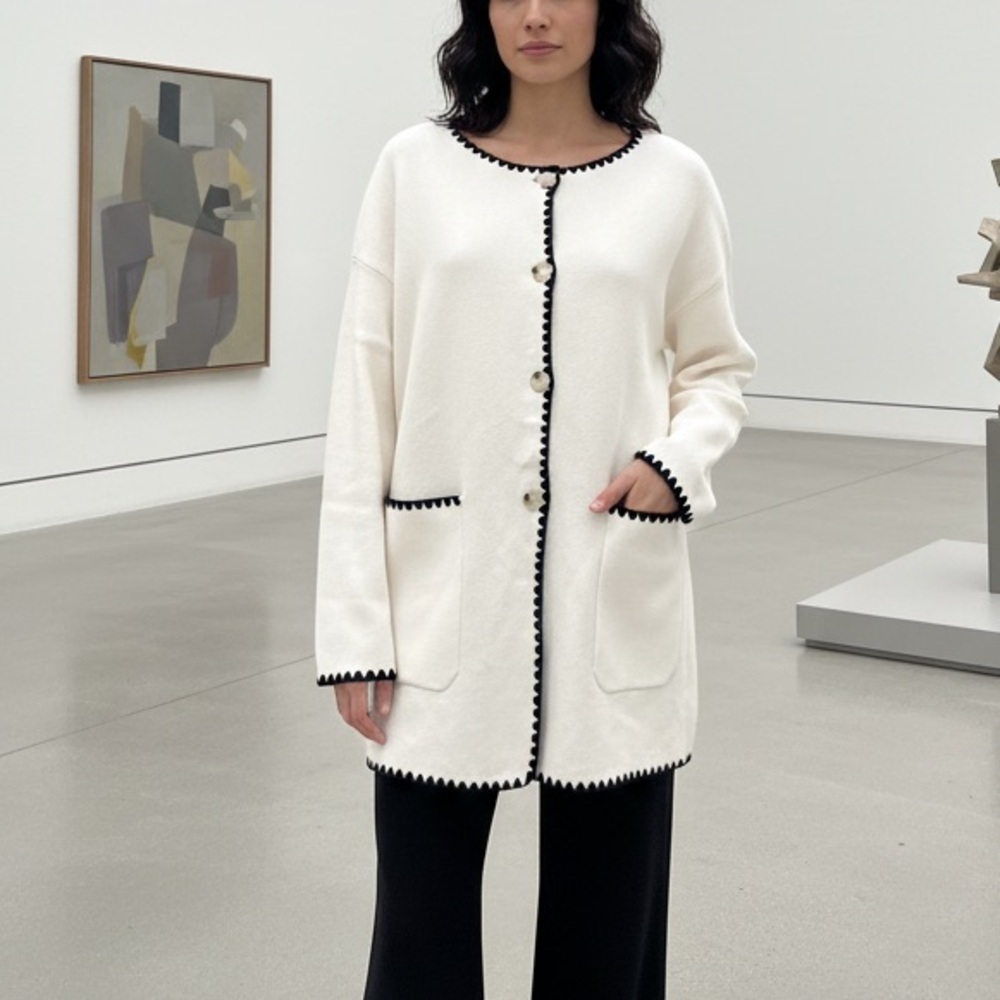 NWT Merokeety Women’s Chunky Cardigan Sweater White Black Contrast Size XL